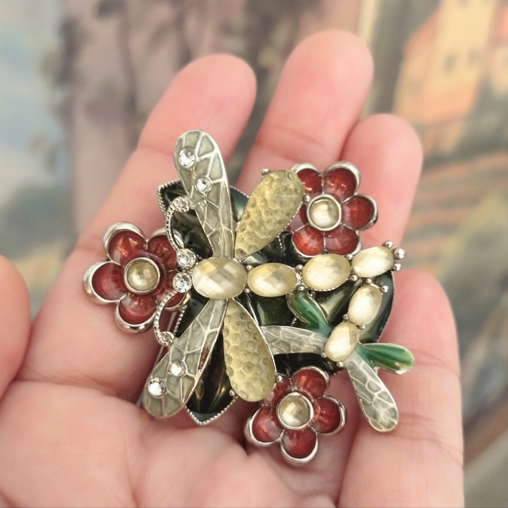 Vintage Multicolor Dragonfly Flowers Brooch Pin - 1980s